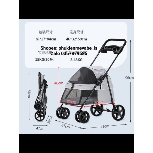 Xe đẩy thú cưng Bello size S gấp gọn cho thú dưới 10kg