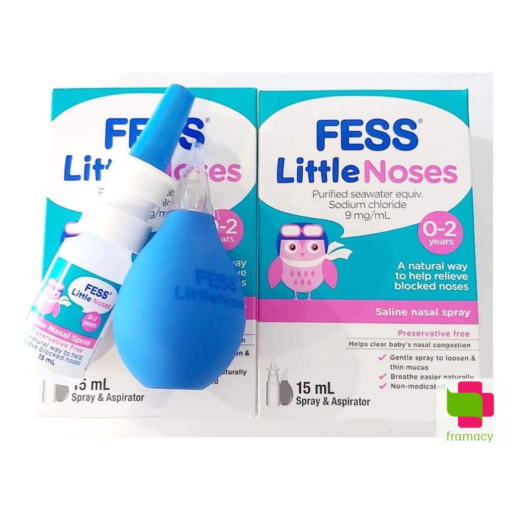 Xịt mũi Fess Little Noses, Úc (15ml) hỗ trợ nghẹt mũi, sổ mũi kèm bóng hút cho bé từ 0-2 tuổi