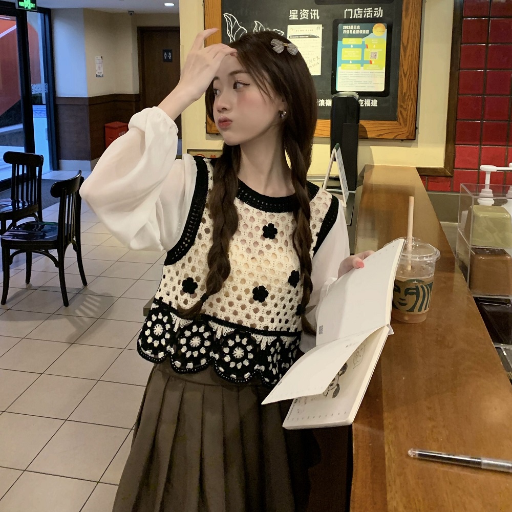 【ZHELIHANGFEI】Áo Len Tay Dài Lưng Cao Viền Ren Theo Phong Cách Preppy