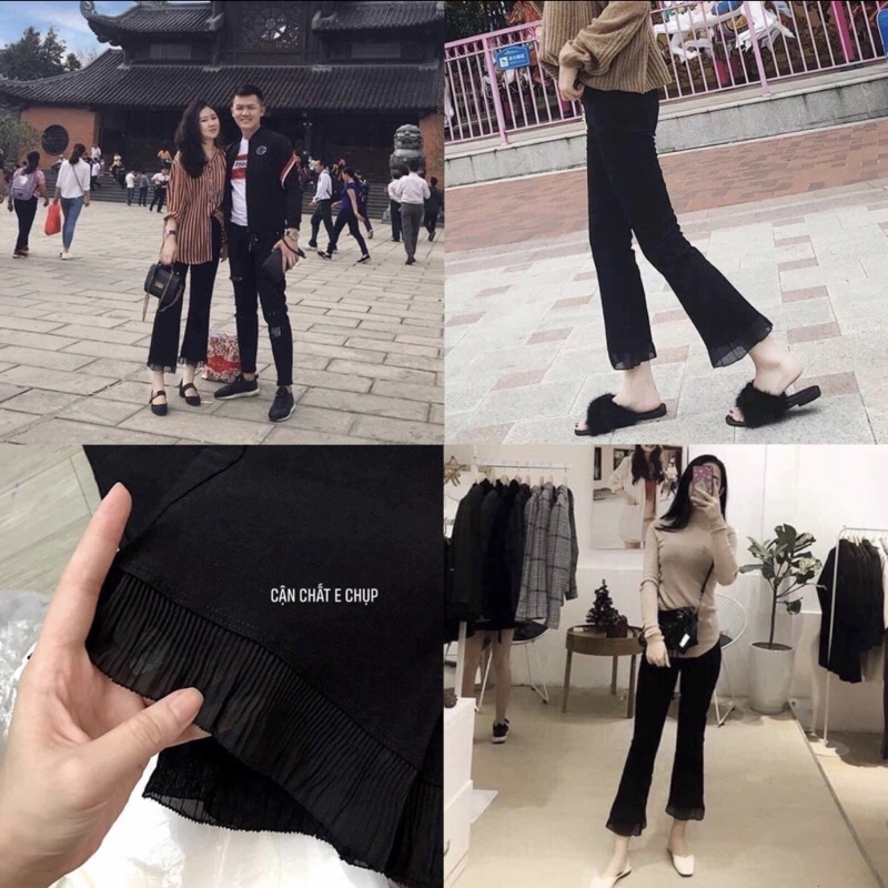 Quần ống loe lưng cao chất thun tăm ống phối ren co dãn tốt hottrend