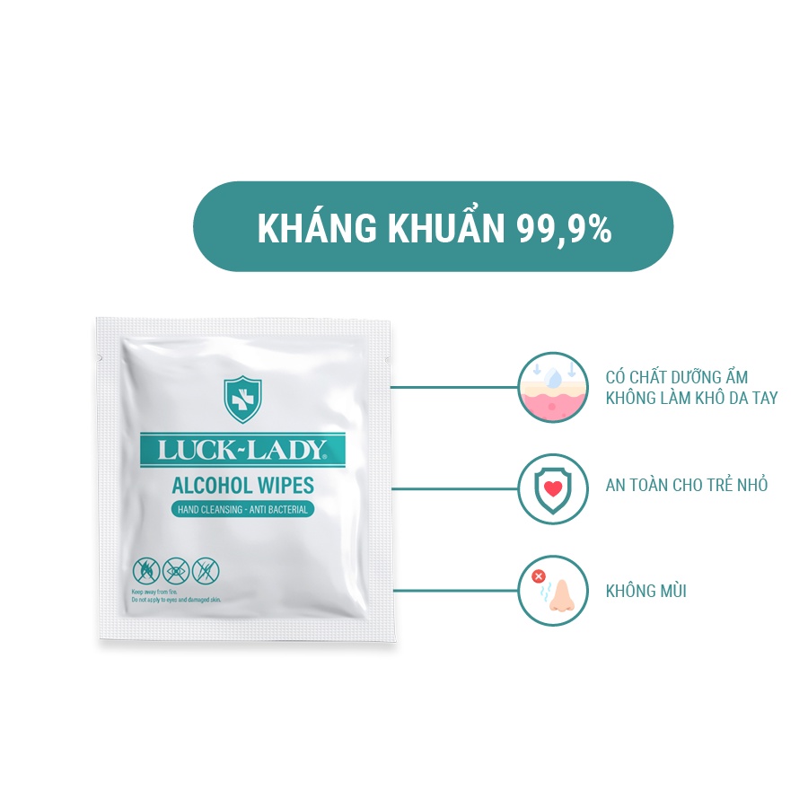 Khăn ướt cồn kháng khuẩn Luck Lady 50 gói 1 tờ/hộp - Combo 5 hộp