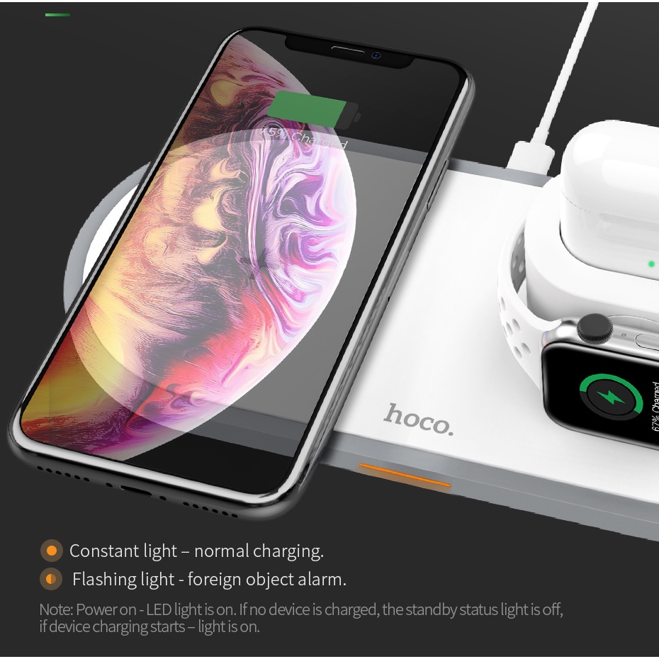 Đế sạc nhanh HOCO. CW21 Qi không dây 3 trong 1 10W thích hợp cho iPhone 11 Pro X XS Max XR 4 3 2 Samsung S10