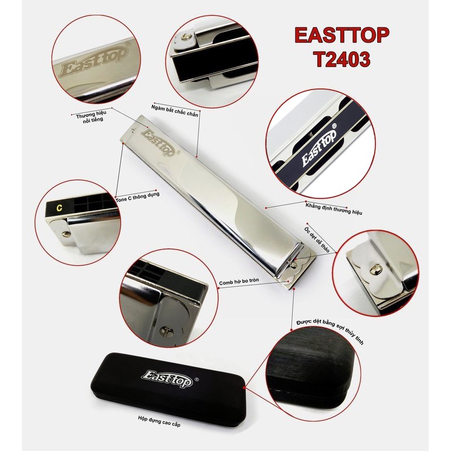 Kèn harmonica tremolo Easttop T2403 key C Bạc Có Clip Hình Ảnh Thực Tế