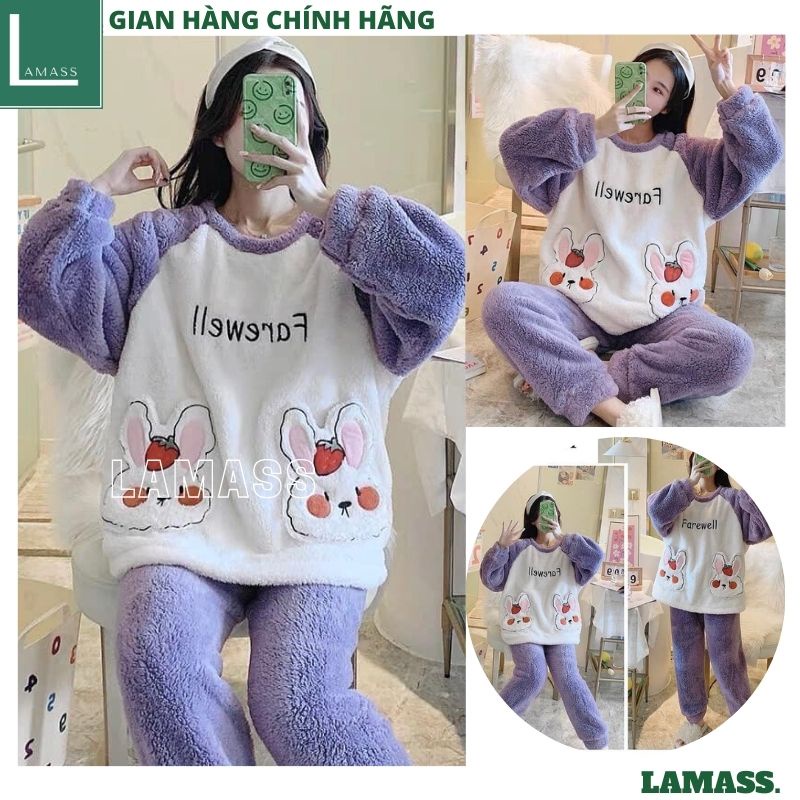 Bộ mặc nhà lông gấu tím thêu hình thỏ siêu kute dễ thương mặc ấm vào mùa đông ,bộ ngủ nữ lông cừu - LAMASS