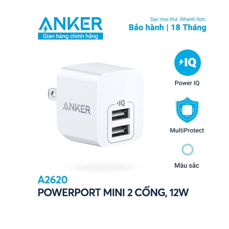 Cốc Sạc ANKER 12W A2620 PowerPort Mini 2 cổng USB - Hàng Chính Hãng NoBox