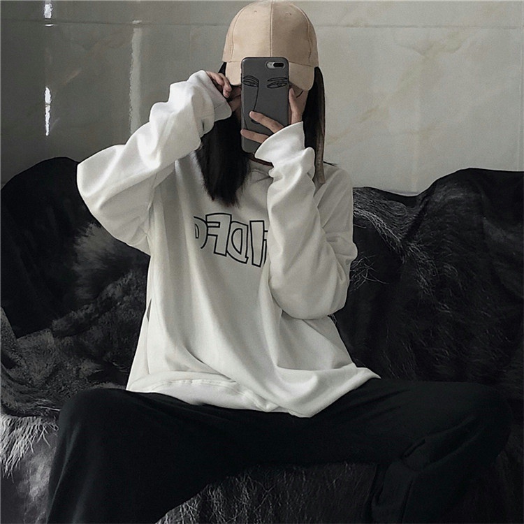 SUXI Áo Thun Nữ Dài Tay Cổ Tròn In Chữ Thời Trang