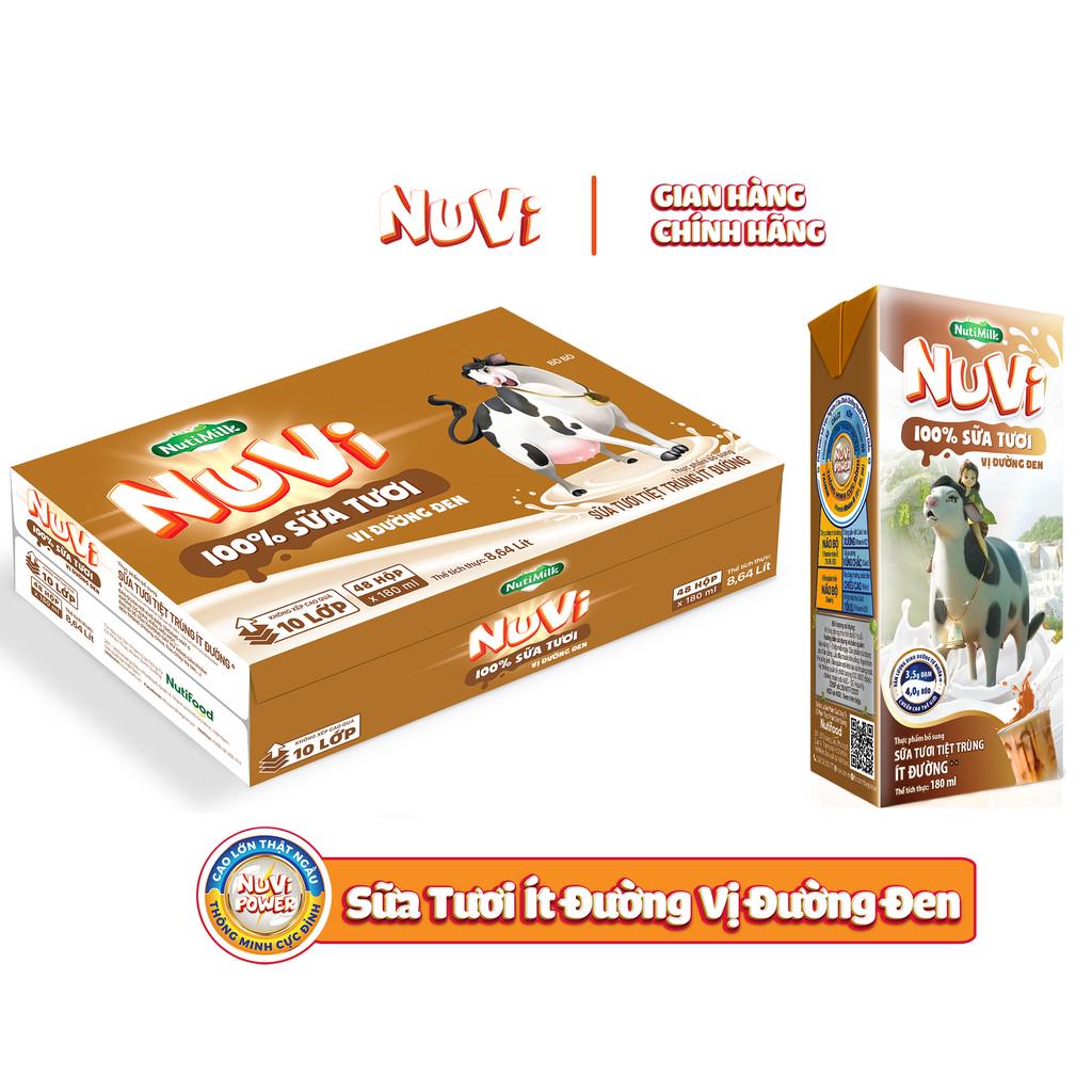 [Mã FMCGMALL -8% đơn 250k] Thùng 48 hộp Nutifood NuVi 100% Sữa Tươi – ST Tiệt Trùng Ít Đường Vị Đường Đen hộp 180ml