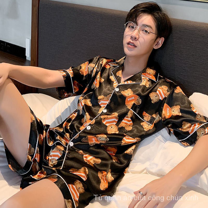 Bộ đồ ngủ ngắn tay bằng vải lụa lạnh mỏng in họa tiết hoạt hình thời trang mùa hè cho nam X80W