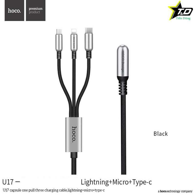 Cáp sạc Hoco U17 loại 3 đầu Lighting Micro Type C dài 1.5m