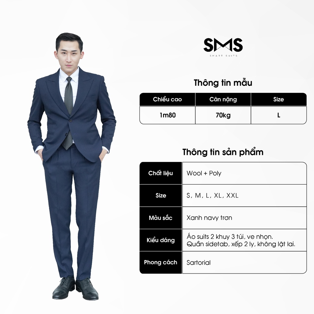 Vest nam xanh navy 2 khuy 3 túi phối quần sidetab, suits sartorial, chuẩn form Smart Suits