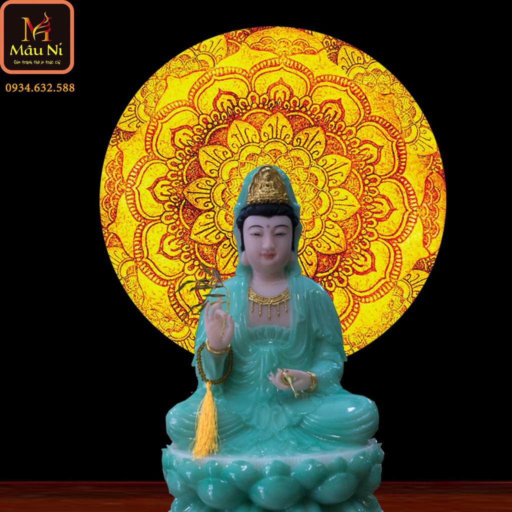 Đèn Để Bàn Trang Trí Bàn Thờ / Đèn Hoa Sen in họa tiết tranh trúc chỉ, khung sắt, Đường kính 30cm