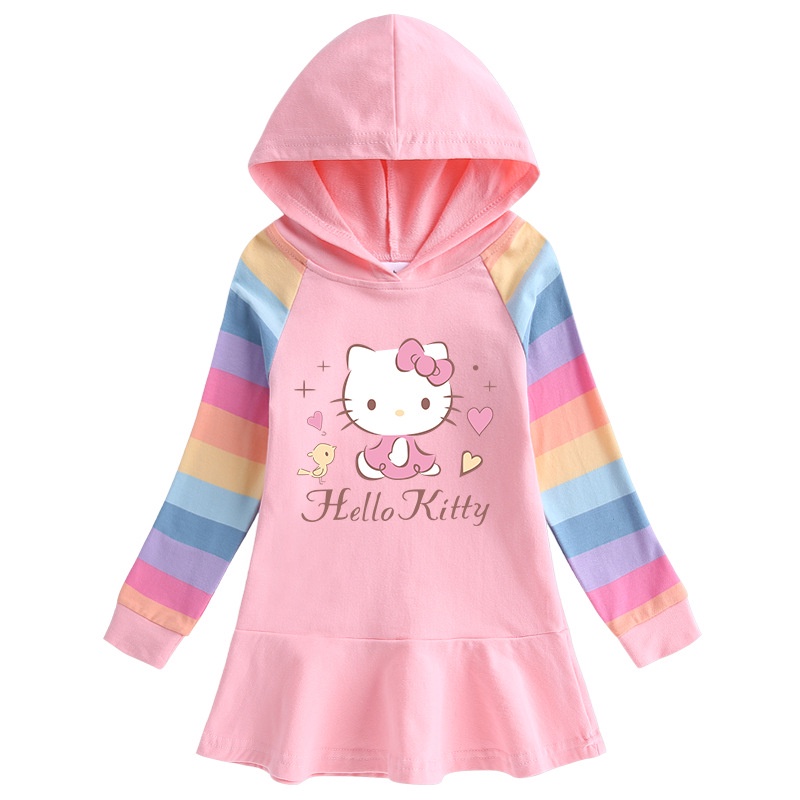 Đầm Công Chúa Họa Tiết Hello Kitty Màu Cầu Vồng Dễ Thương Cho Bé Gái