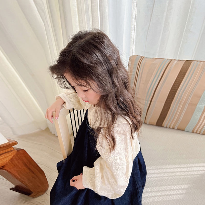 Bộ Áo Sơ Mi Tay Dài Cổ Búp Bê + Chân Váy Denim Phong Cách Hàn Quốc Thời Trang Mùa Xuân Mới 2022 Dành Cho Bé Gái