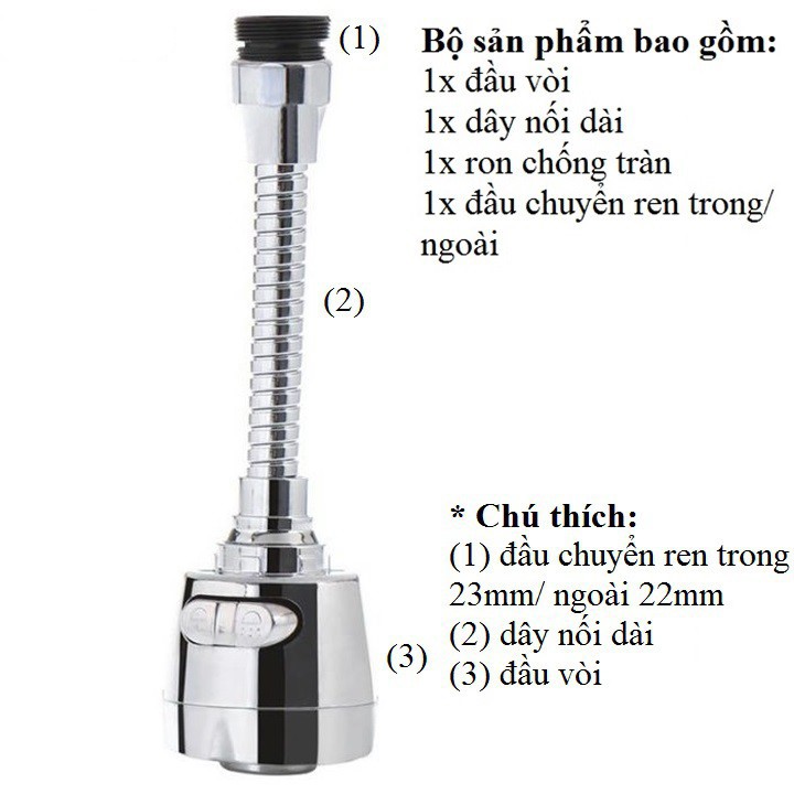 Đầu vòi rửa chén tăng áp xoay 360 độ, điều chỉnh 3 kiểu nước phun