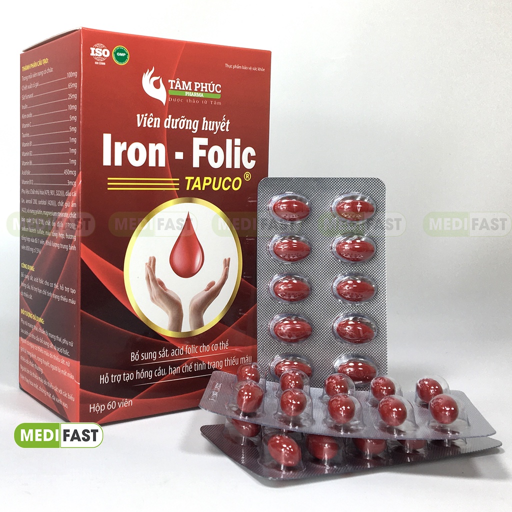 Bổ sung Sắt, ngăn ngừa thiếu máu, viên dưỡng huyết Iron Folic - hộp 60 viên có thêm củ gai và nhóm vitamin B