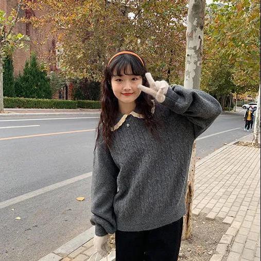 [Spot] Áo len cổ búp bê nữ dệt kim lỏng phong cách Hàn Quốc
