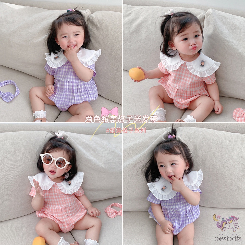 Bộ Áo Liền Quần Tay Ngắn Cổ Búp Bê Kèm Băng Đô Dễ Thương Cho Bé Gái