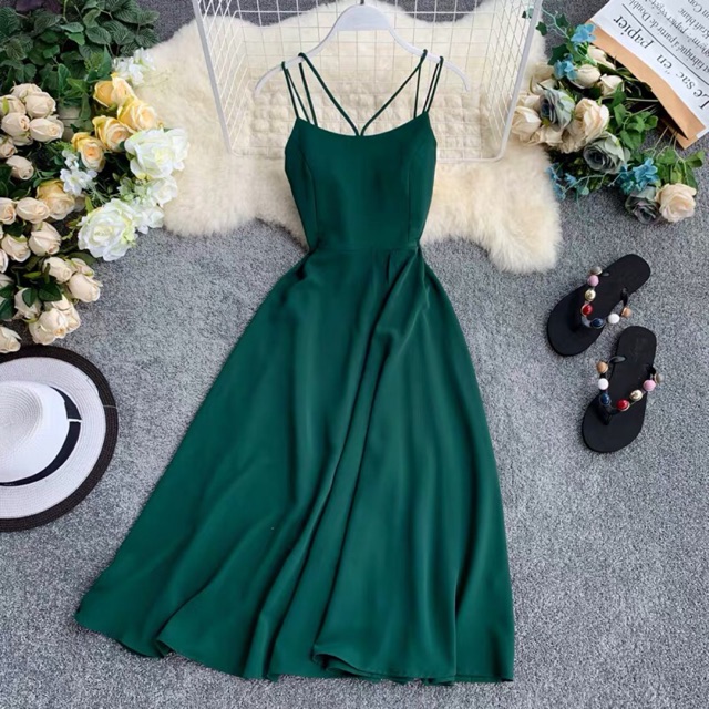 (sẵn đỏ S) Váy đầm maxi hở lưng 2 dây đan chéo dây ngực màu xanh, đen, trắng, vàng, đỏ siêu xinh