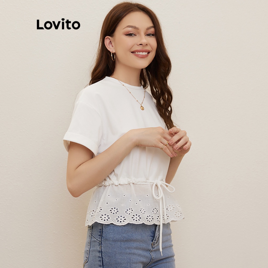 Lovito Áo Kiểu Vải Chiffon Tay Cuộn Dây Rút Màu Trắng Thời Trang L20D053