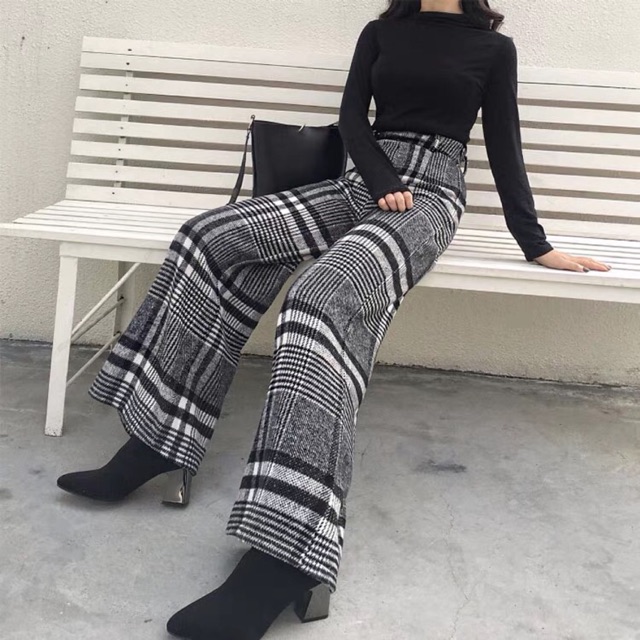 Quần dạ kẻ cạp cao ống xuông