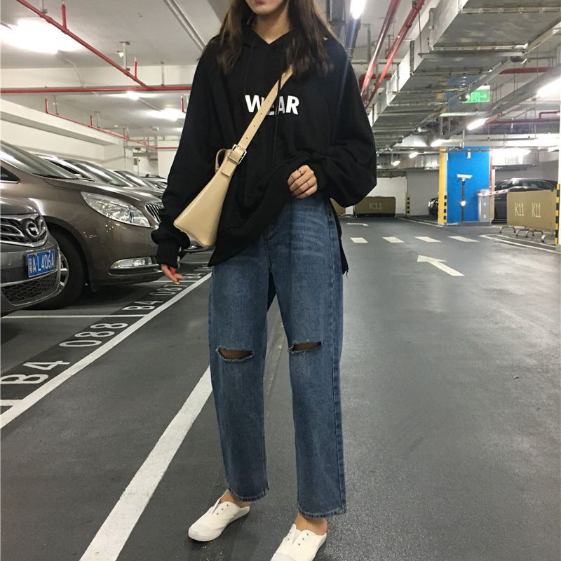 Áo hoodie mỏng dáng rộng tay dài in chữ cái tiếng Anh