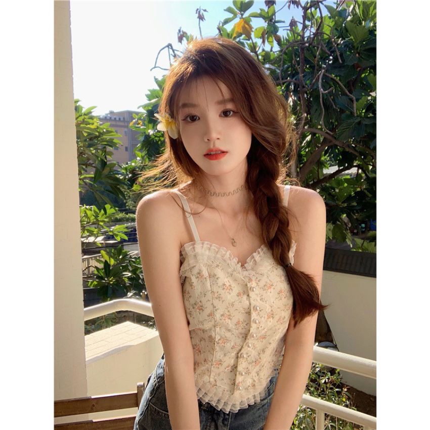 Áo Bra Nữ Croptop 2 Dây Ren Hoa Nhí Đính Khuy Cúc Ngọc Kèm Mút Đệm Ngực Siêu Xinh, Áo ngực ren Cao Cấp B3025