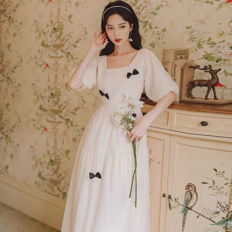 Váy đầm trắng công chúa phối nơ đen voan 2 tầng đi chơi, dự tiệc