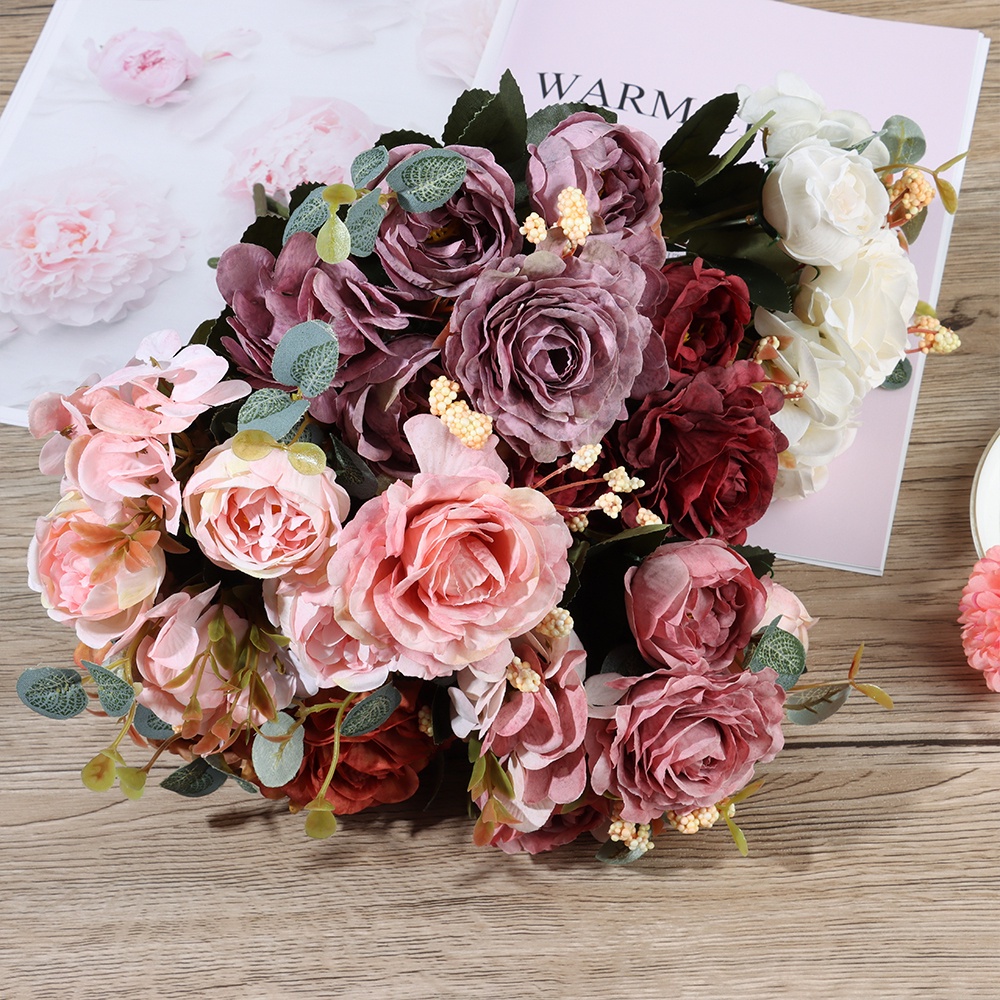 CONOPERY Bó hoa mẫu đơn giả bằng lụa nhiều màu sắc dùng trang trí bàn làm việc diy