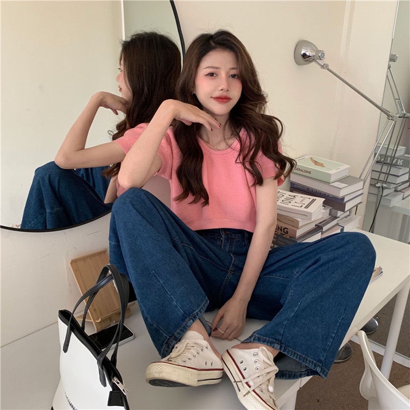 Áo thun XIAOZHAINV kiểu croptop dệt kim tay ngắn cổ tròn dáng rộng thời trang mùa hè dành cho nữ