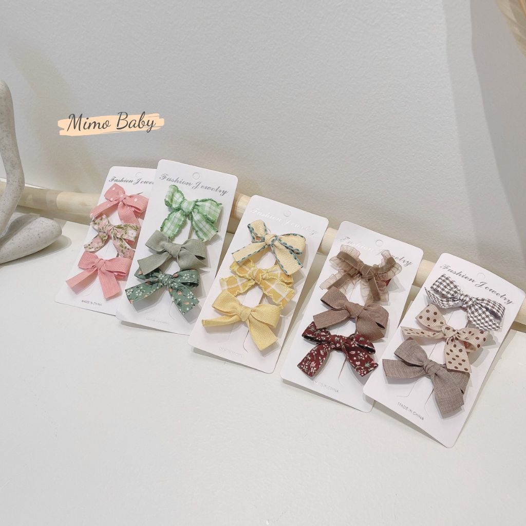 Set 3 kẹp tóc thắt nơ vải phong cách tiểu thư cho bé gái KT24 Mimo Baby