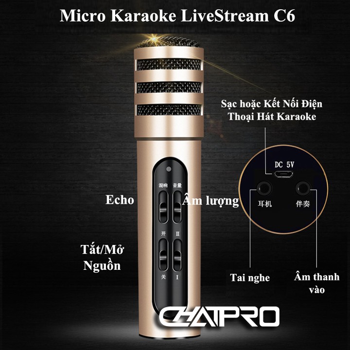 Bộ micro livestream + karaoke trên điện thoại C6