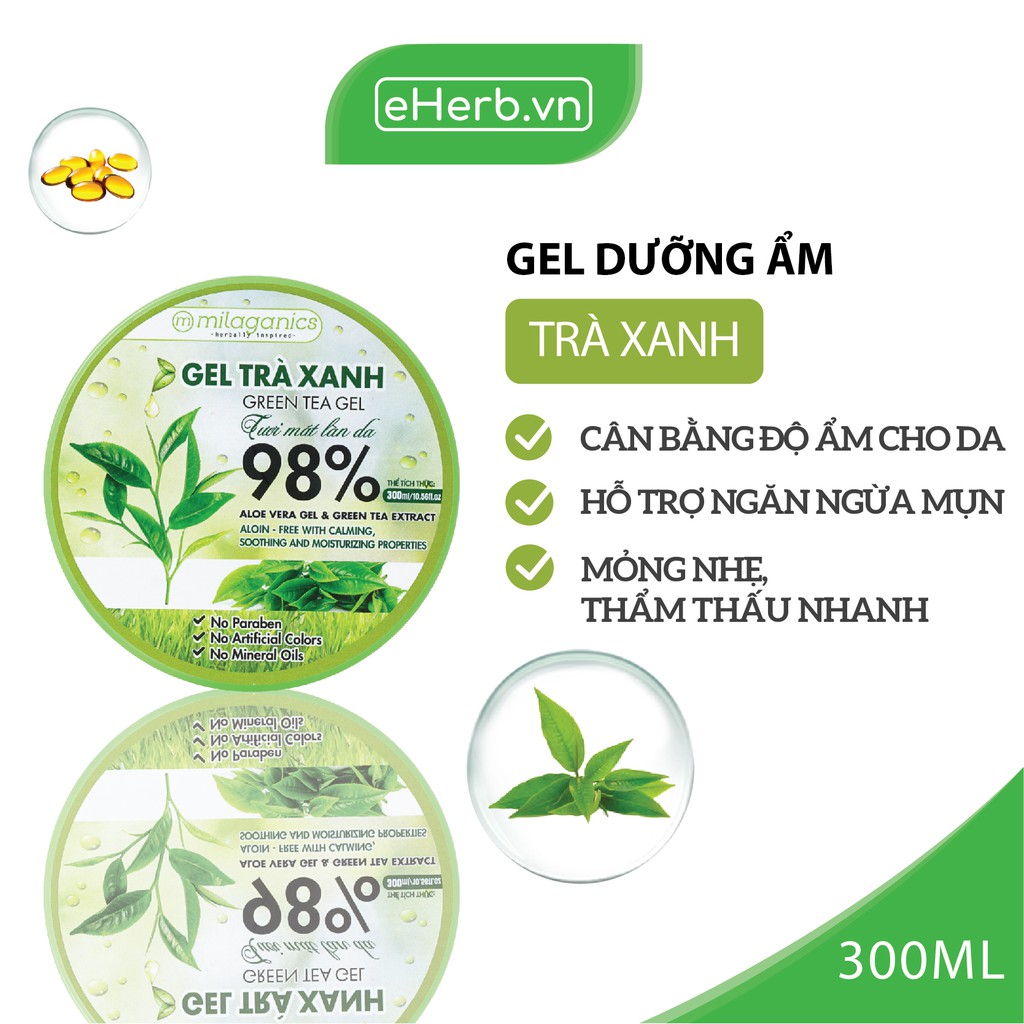 Combo Gel Trà Xanh &amp; Gel Nha Đam Dưỡng Ẩm Đa Năng MILAGANICS 300ml/ Hũ