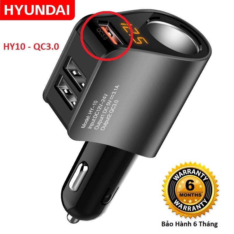 Tẩu sạc ô tô, tẩu sạc nhanh QC3.0 với 3 cổng USB, HUYNDAI HY-10 điện áp 12 đến 24v