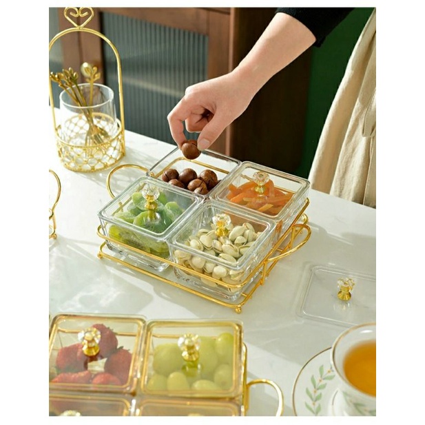 Combo Bộ Khay Mứt Tết 4 hộp thủy tinh có nắp đậy  kèm giá đựng kim loại hàng cao cấp