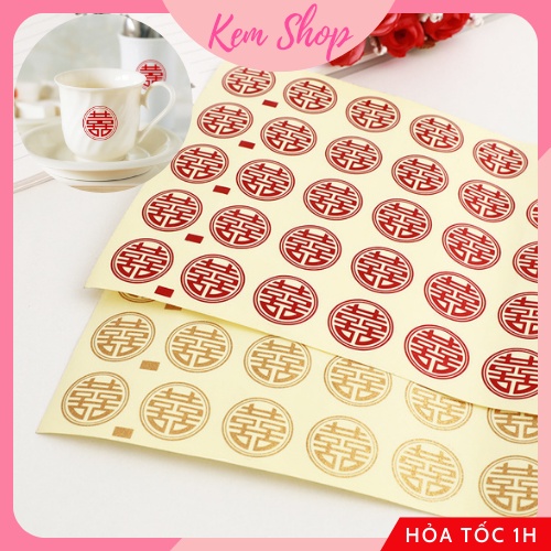 Decal chữ hỷ dán trầu cau, trái cây, tem dán chữ song hỷ trang trí đám cưới set 49 decal - Kem Shop K319