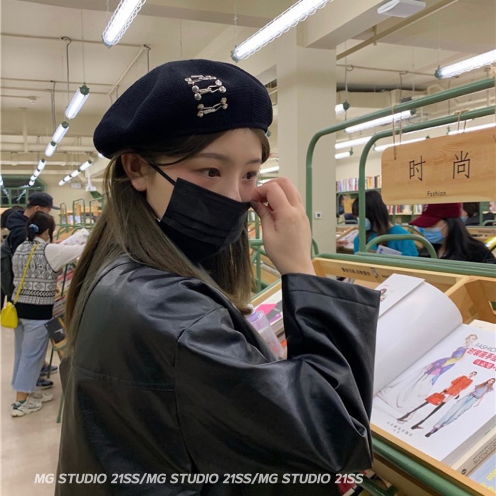 Mũ Beret MG STUDIO Chất Liệu Cotton Thiết Kế Khóa Cài Đinh Tán