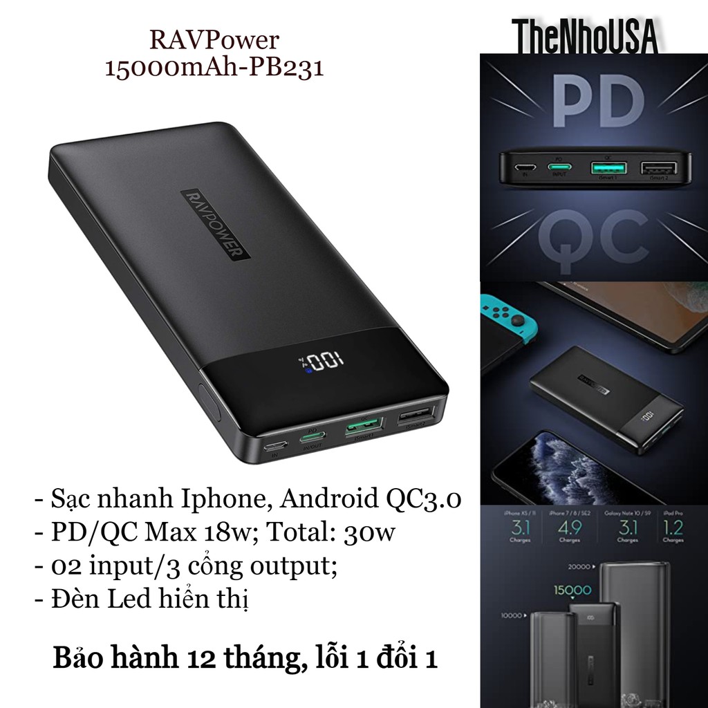 [Mã 159ELSALE hoàn 7% đơn 300K] Sạc dự phòng RAVPower 15000mAh - 30w (PD3.0/QC3.0 18w) RP-PB231 [BH 12T]