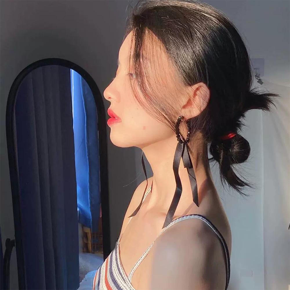 Bông Tai Dáng Dài Phối Dây Ruy Băng Đính Hạt Thời Trang Cho Nữ