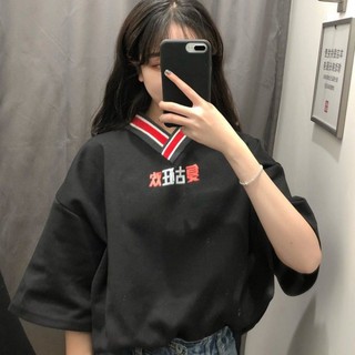Áo thun nữ cổ V tay lỡ tay rộng in chữ ulzzang ( 2 màu )