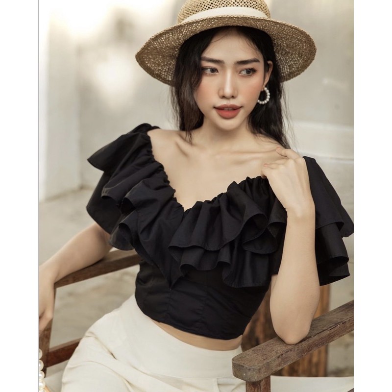 Áo croptop Cmee bèo nhún đen (ảnh thật+feedback)