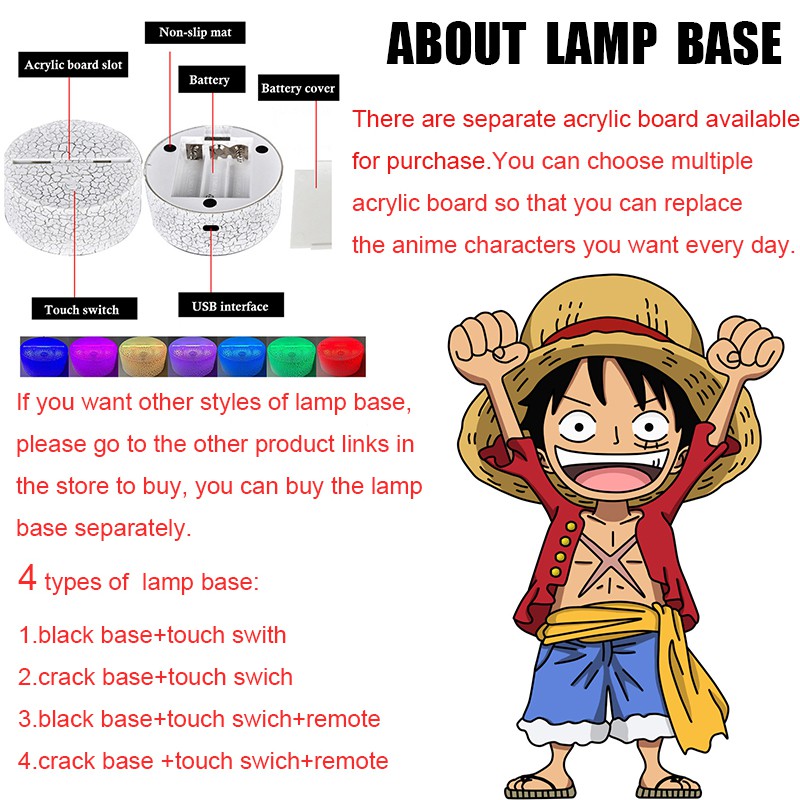 Bộ đèn ngủ 3D hình nhân vật phim hoạt hình one piece (có bán lẻ)