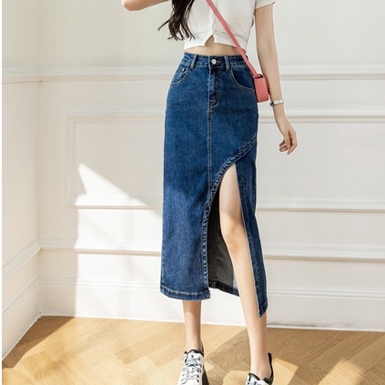 Chân váy nữ jean/ kaki cạp cao, chân váy midi dài qua gối phong cách_a19