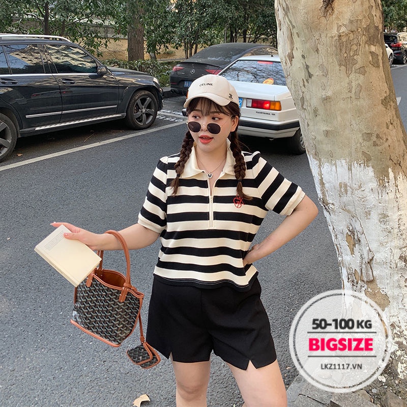 Sét bộ đồ nữ Bigsize Áo thun polo dáng suông tay ngắn sở sọc kết hợp quần short nữ quần đùi ống rộng lưng cao cạp cao chữ a mùa hè Phong cách Hàn Quốc Thời Trang đi Chơi sang chảnh cá tính cho người mập béo
