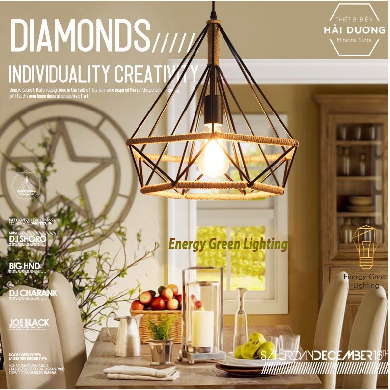 Đèn Thả Decor Kim Cương Quấn Dây Phong Cách Tân Cổ Điển - Đường Kính 25cm - Tặng kèm bóng led - Energy Green Lighting