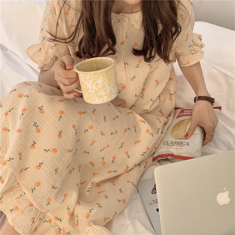 Đồ ngủ Công Chúa Dài Qua Gối Chất Liệu Cotton Phối Lưới Phong Cách Hàn Quốc