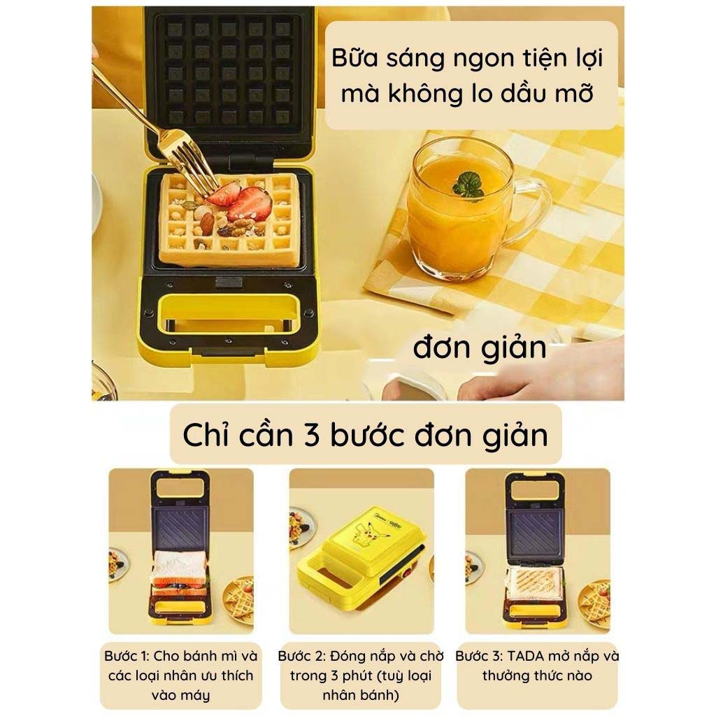 Máy Nướng Bánh Mì Sandwich Midea Pikachu Kẹp Waffle Kèm Khuôn Chống Dính Phân Phối Chính Hãng Bởi VikiHouse