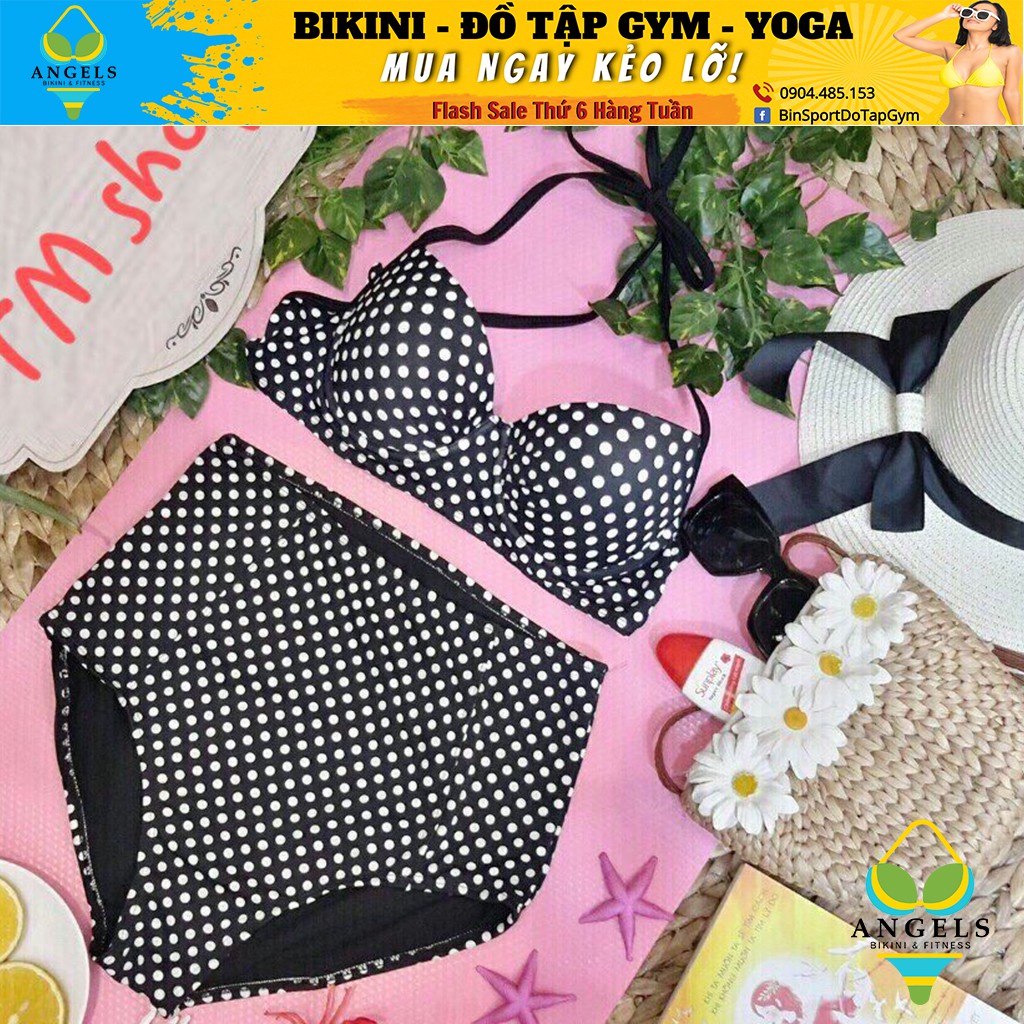 Bikini,Bộ Đồ Bơi Hai Mảnh Tay Chấm Bi Đen Sexy Mặc Đi Biển BHV015