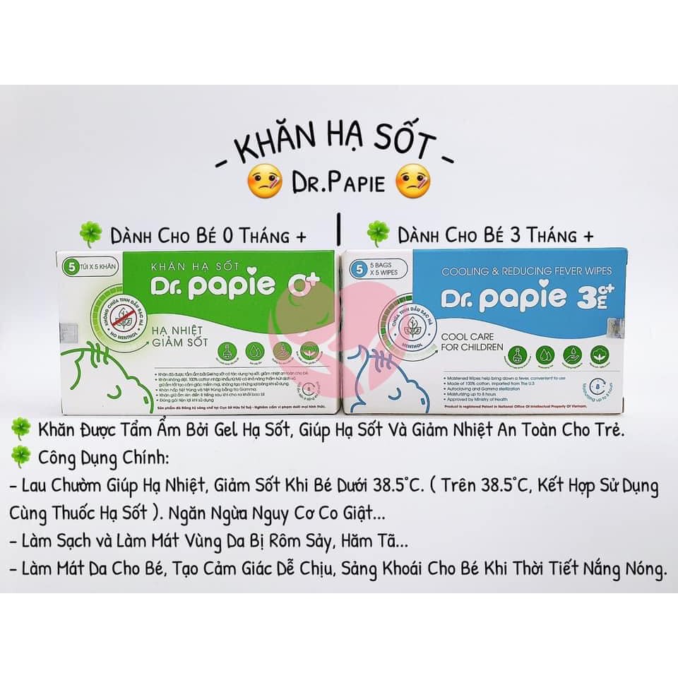 [CHÍNH HÃNG] - Khăn lau hạ nhiệt, giảm sốt/ hạ sốt thảo dược Dr.Papie, ngăn ngừa co giật cho bé từ sơ sinh 0M+ trở lên