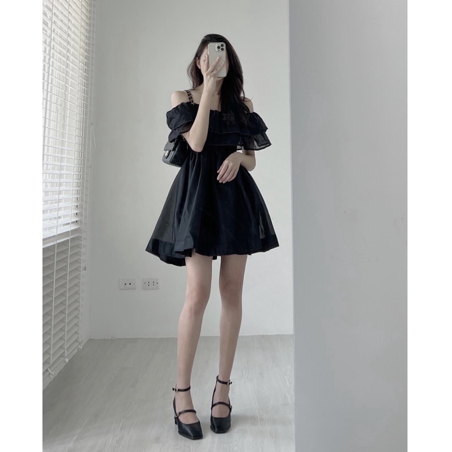 Váy tơ trễ vai hai tầng dáng xòe tiểu thư xinh xắn hai màu đen, trắng trendy