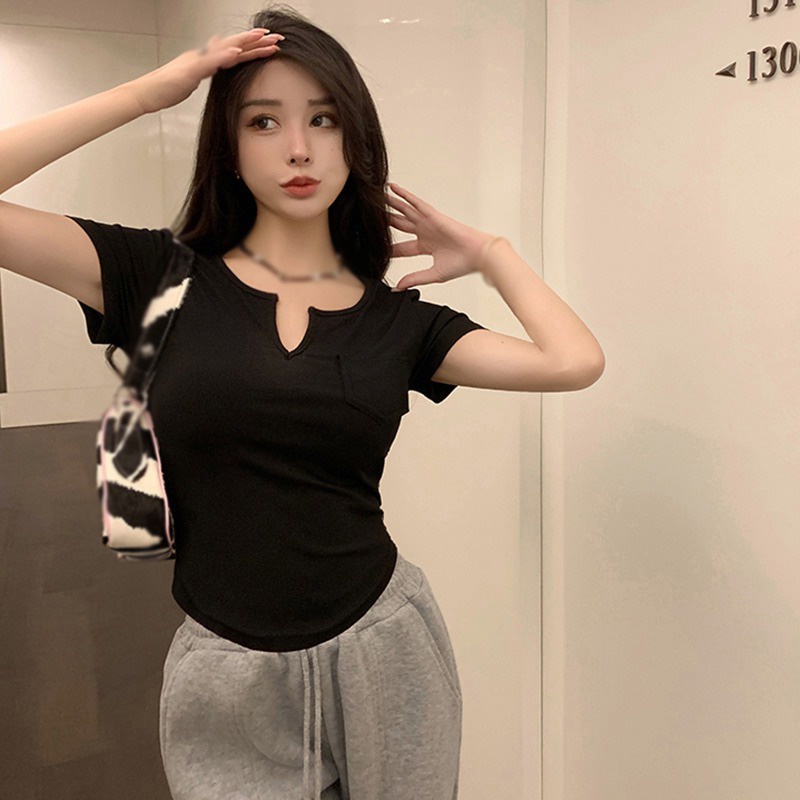 Áo Thun Tay Ngắn Cổ Chữ V Màu Sắc Đơn Giản Cho Nữ